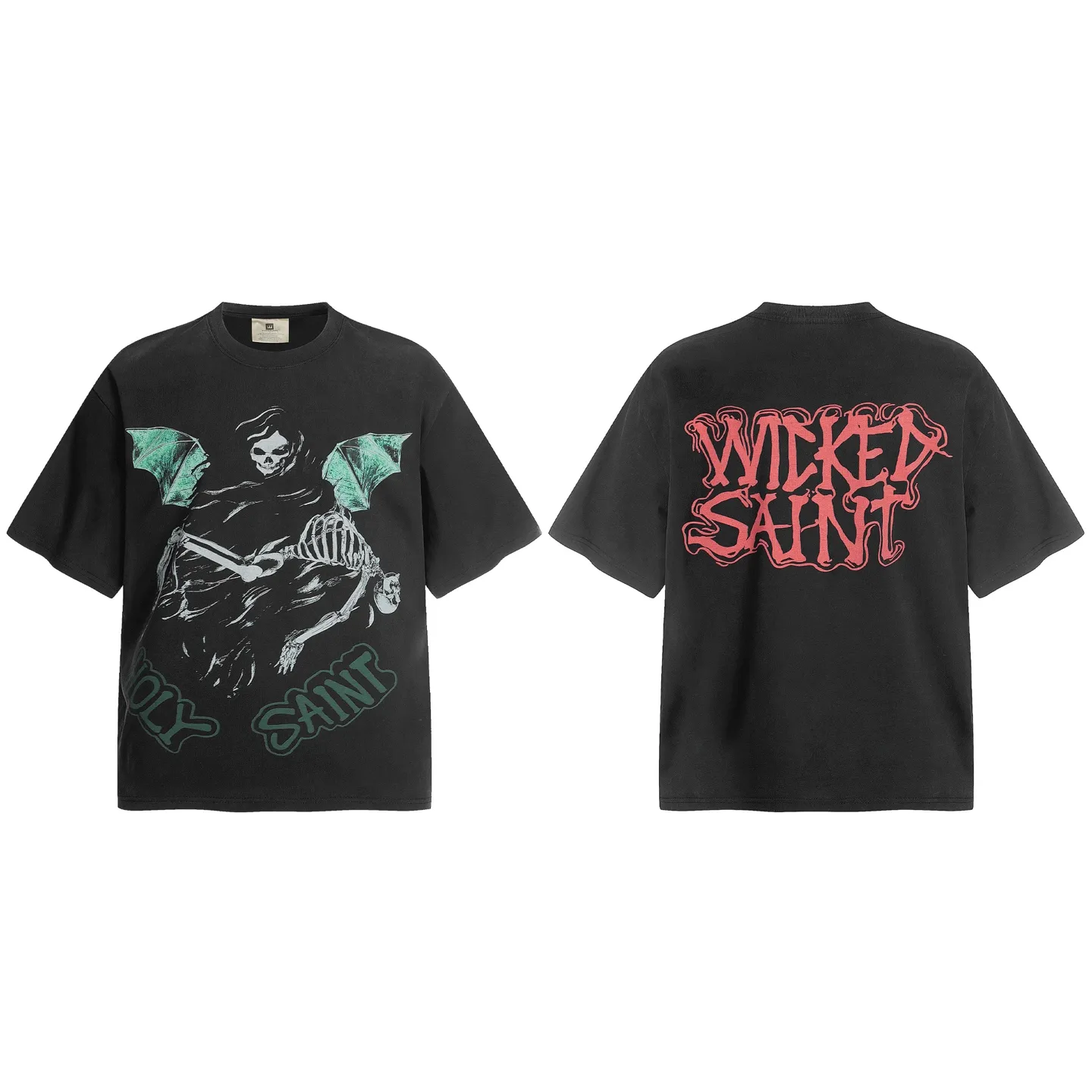 VT9244 P140💰 SAINT Michael "Skull Death" punk style printed retro washed distressed short-sleeved T-shirt Small neckline design White ink digital direct printing High street retro heavy distressed washed Vintage short sleeves Size: S M L XL